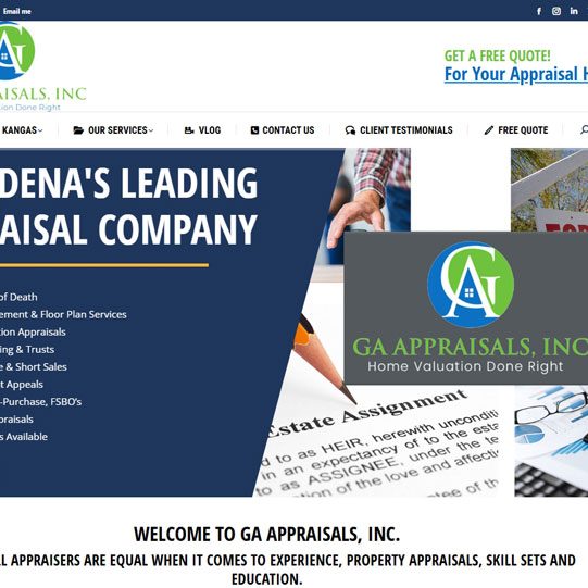 Screenshot of the homepage for GA Appraisals Inc. Website Design by Pure Media Marketing.