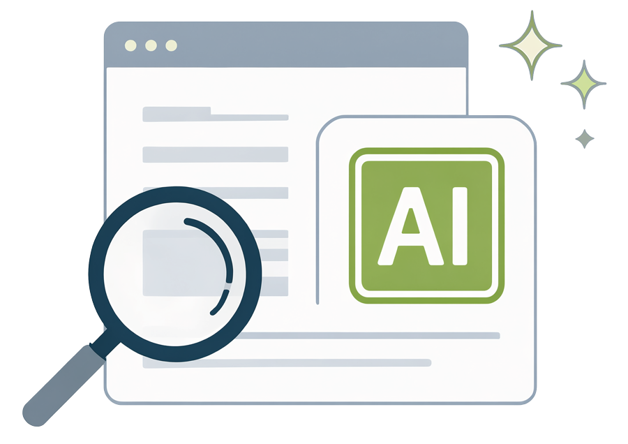 Cartoon magnifying glass over a website with the AI letters for Artificial Intelligence Search concept.
