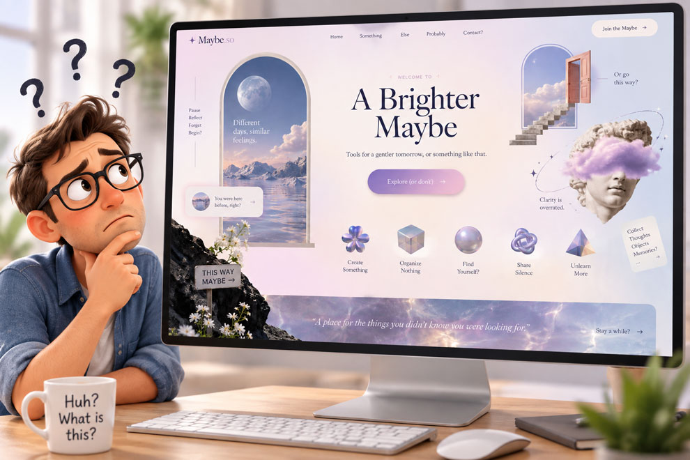 A confused man, cartoon concept with question marks above his head looking a website and confused at what it is.