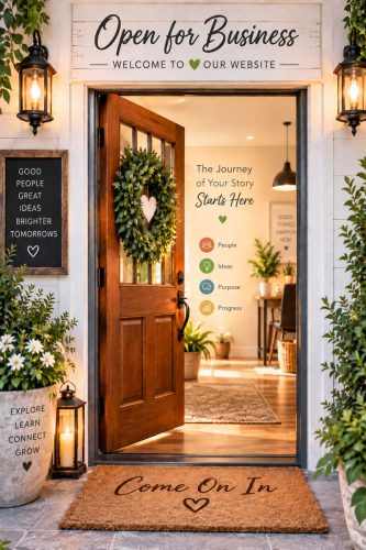 Front Door going into a living room with a Website Concept.