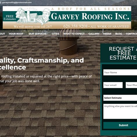 Screenshot of the homepage for Garvey Roofing. Website Design by Pure Media Marketing.