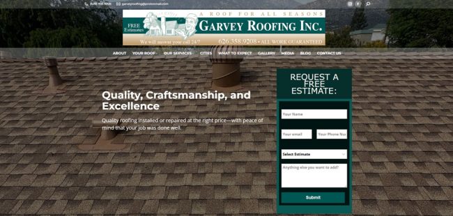 Screenshot of the homepage for Garvey Roofing. Website Design by Pure Media Marketing.