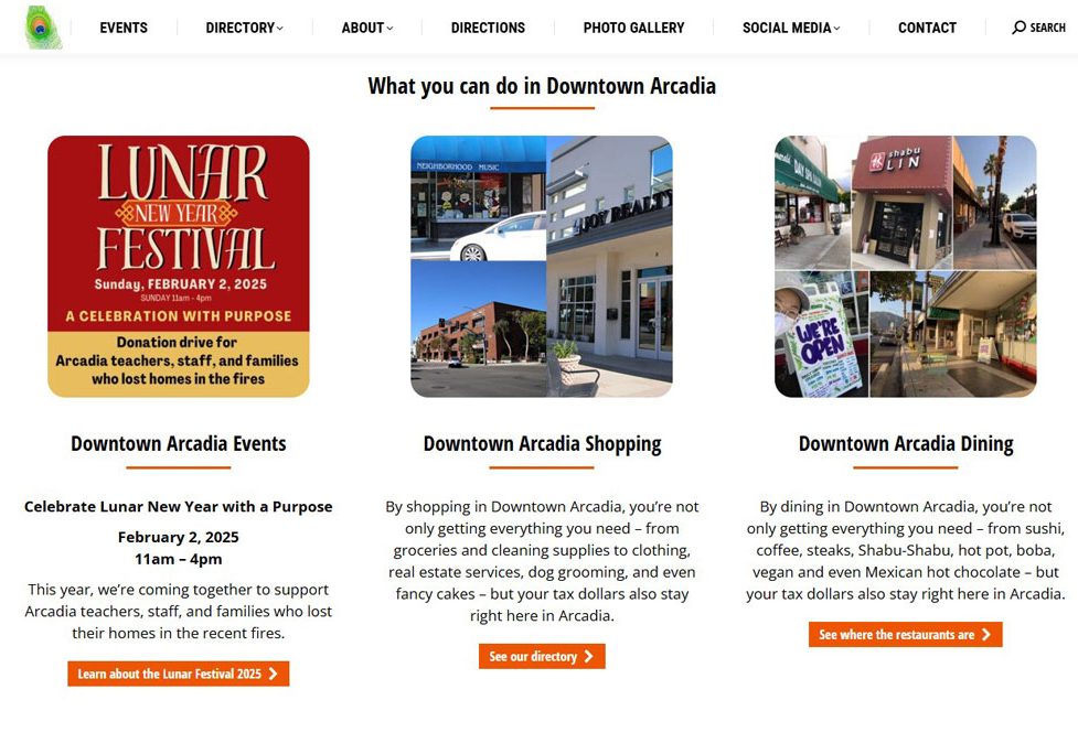 Three column with boxes screenshot of the Downtown Arcadia homepage.