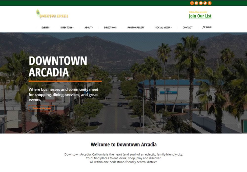 Downtown Arcadia website homepage screenshot.