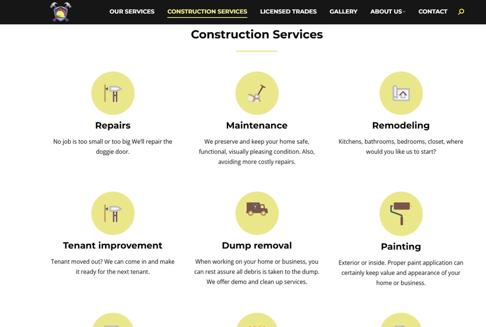 Screenshot of the construction services page for In Him Construction.