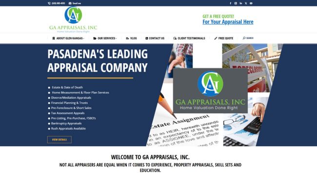 Screenshot of the homepage for GA Appraisals Inc. Website Design by Pure Media Marketing.