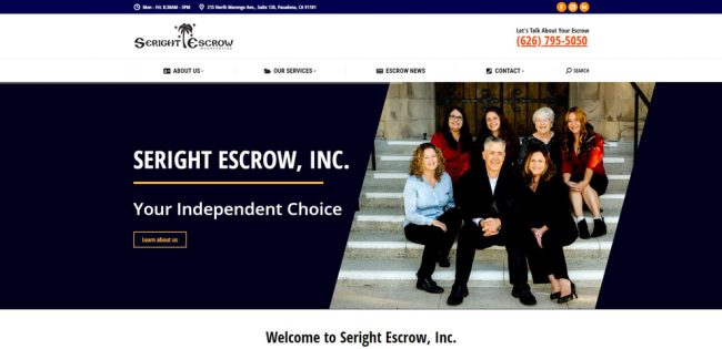 Screenshot of the homepage for Seright Escrow Inc. Website Design by Pure Media Marketing.