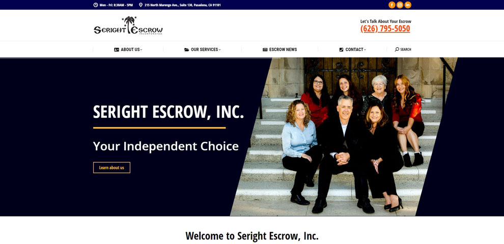 Screenshot of the homepage for Seright Escrow Inc. Website Design by Pure Media Marketing.