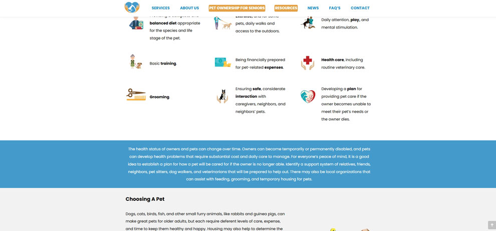 Screenshot of the Pet Ownership for Senior's page for Pet Porter Pals.