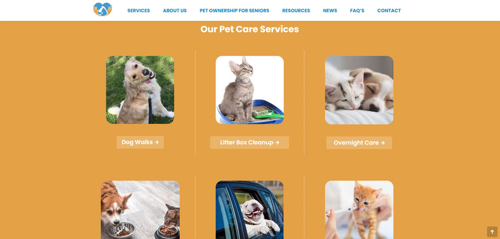 Screenshot of Pet services on homepage for Pet Porter Pals.