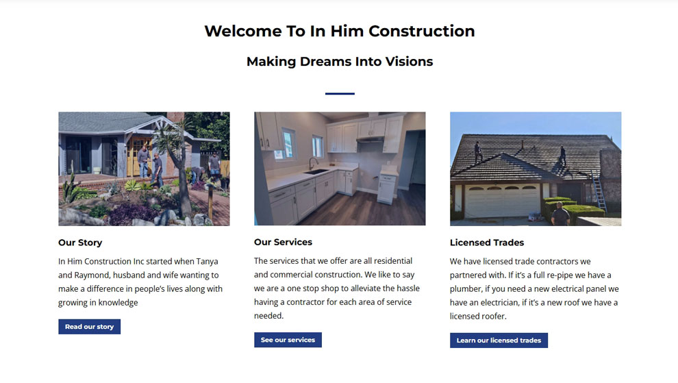Screenshot of the services on the homepage for In Him Construction.