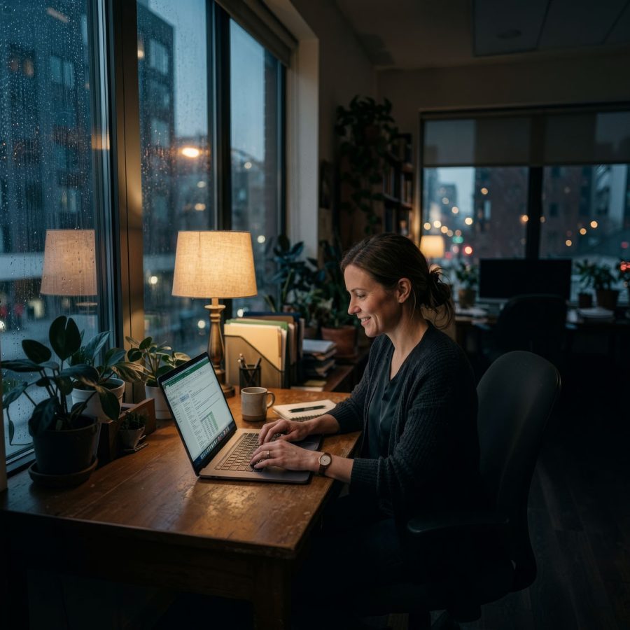 Woman sitting at her desk in front of a window as it rains in her apartment working on her computer.